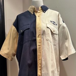Vintage Mens Sz L Wrangler Color Block S/S Button Down Shirt in Navy/Yellow/Tan